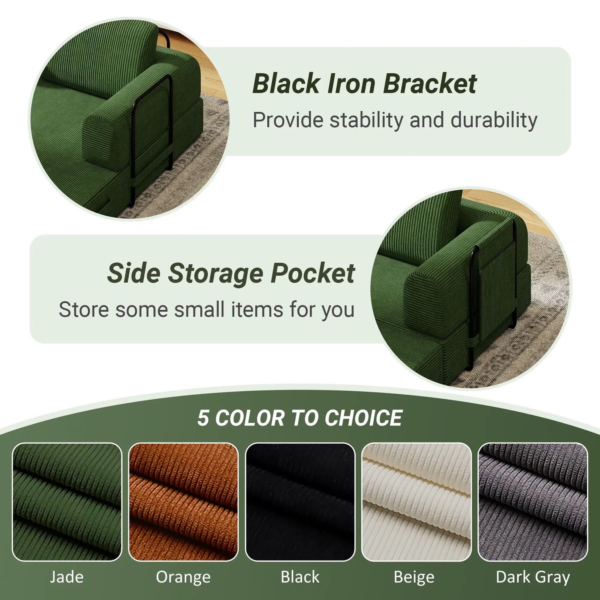 Convertible sleeper futon sofa in green upholstery with cylindrical pillow, fixed frame on Tampa Home & Garden Store