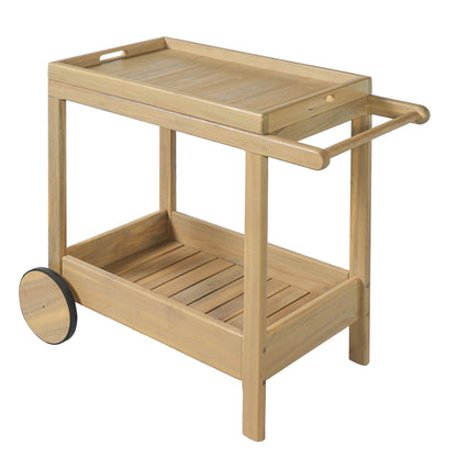 Saratoga Outdoor Rolling Bar Cart light wood finish, two-tier with side handles and wheels on Tampa Home & Garden Store