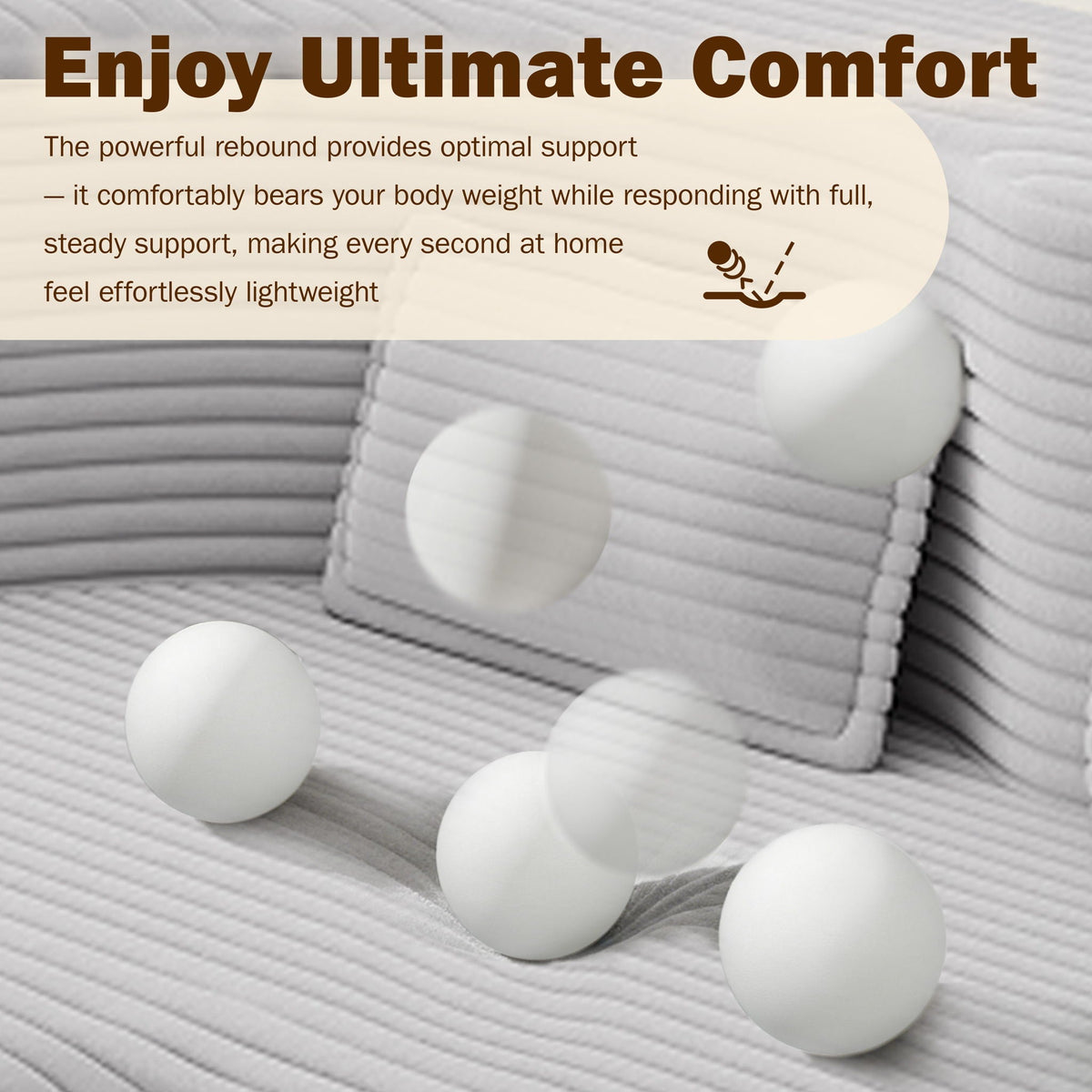 Floor sofa with 2 pillows in gray ribbed fabric and white decor spheres on Tampa Home & Garden Store