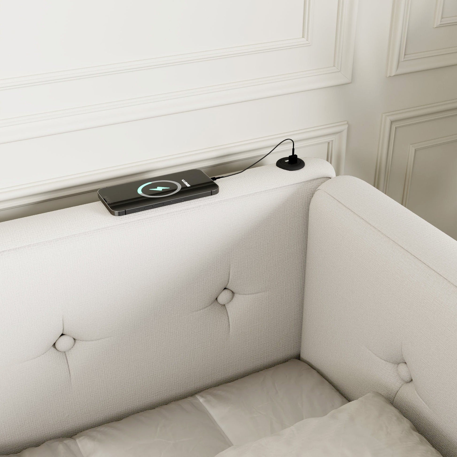 Modern upholstered platform bed with USB ports and LED belt by HouseOfZazla, beige fabric on Tampa Home & Garden Store