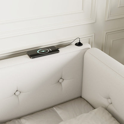 Modern upholstered platform bed with USB ports and LED belt by HouseOfZazla, beige fabric on Tampa Home & Garden Store