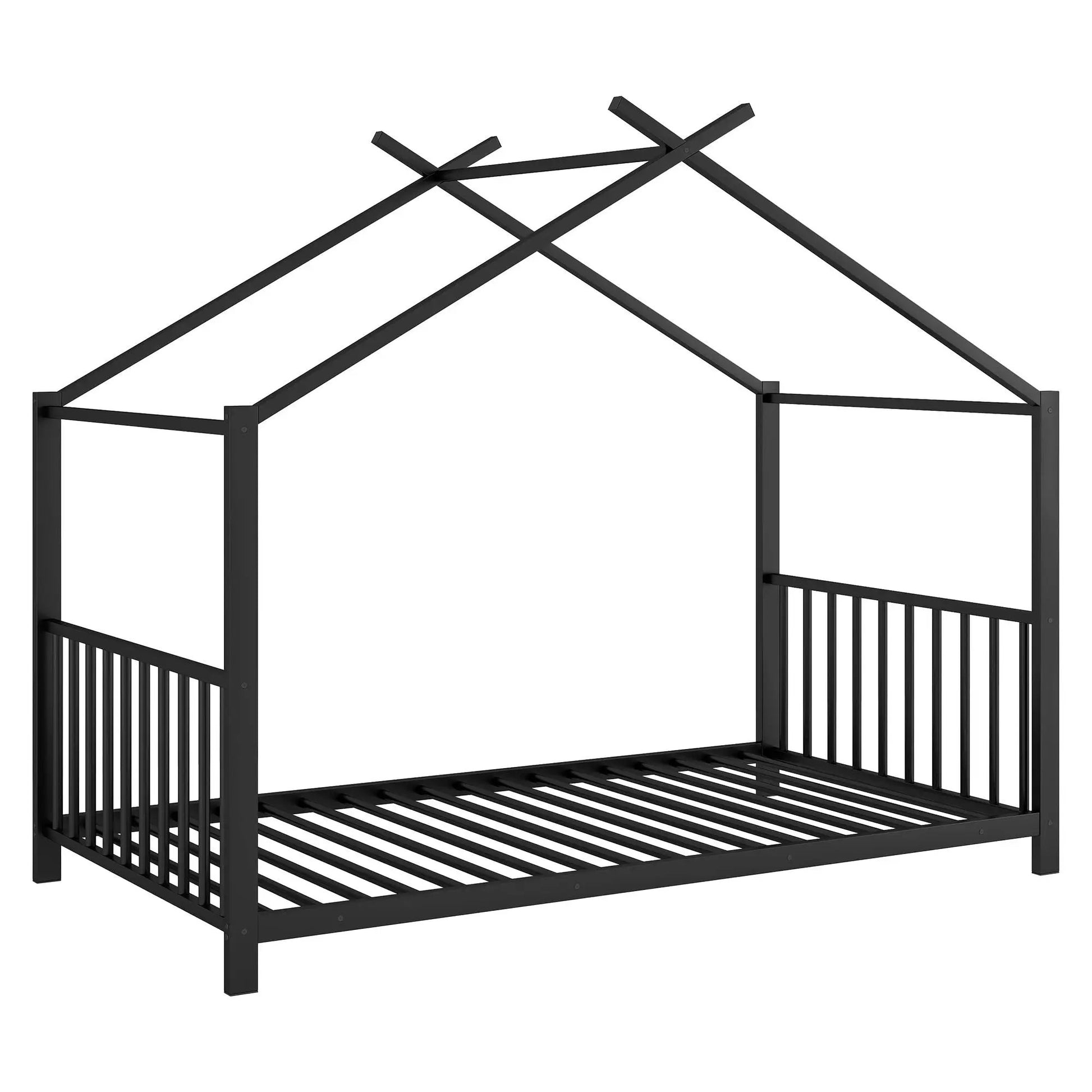 Black metal canopy bed frame with crossbeam roof support by Unique Piece Furniture on Tampa Home & Garden Store