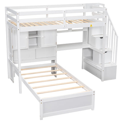 Loft Bed with Built-In Desk and Staircase, white wood finish, storage drawers on Tampa Home & Garden Store