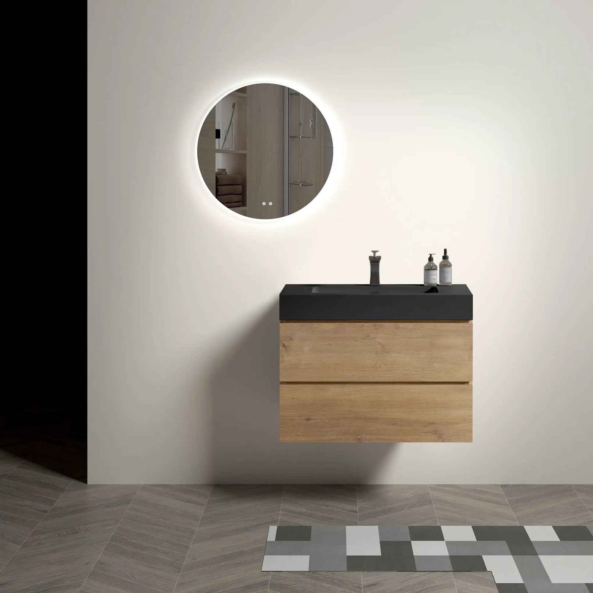 Alice natural oak floating vanity with integrated sink, large storage, black countertop on Tampa Home & Garden Store