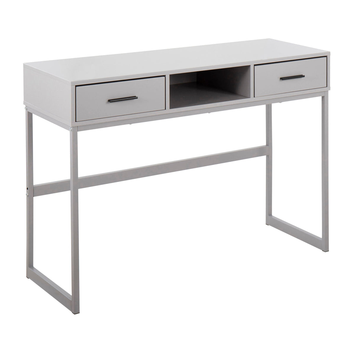 Contemporary gray console table with two drawers and center open shelf, black pulls on Tampa Home & Garden Store