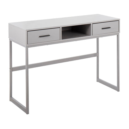 Contemporary gray console table with two drawers and center open shelf, black pulls on Tampa Home & Garden Store