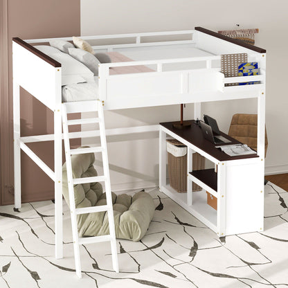 Queen size loft bed with desk in white, open shelf and storage box with USB charging on Tampa Home & Garden Store