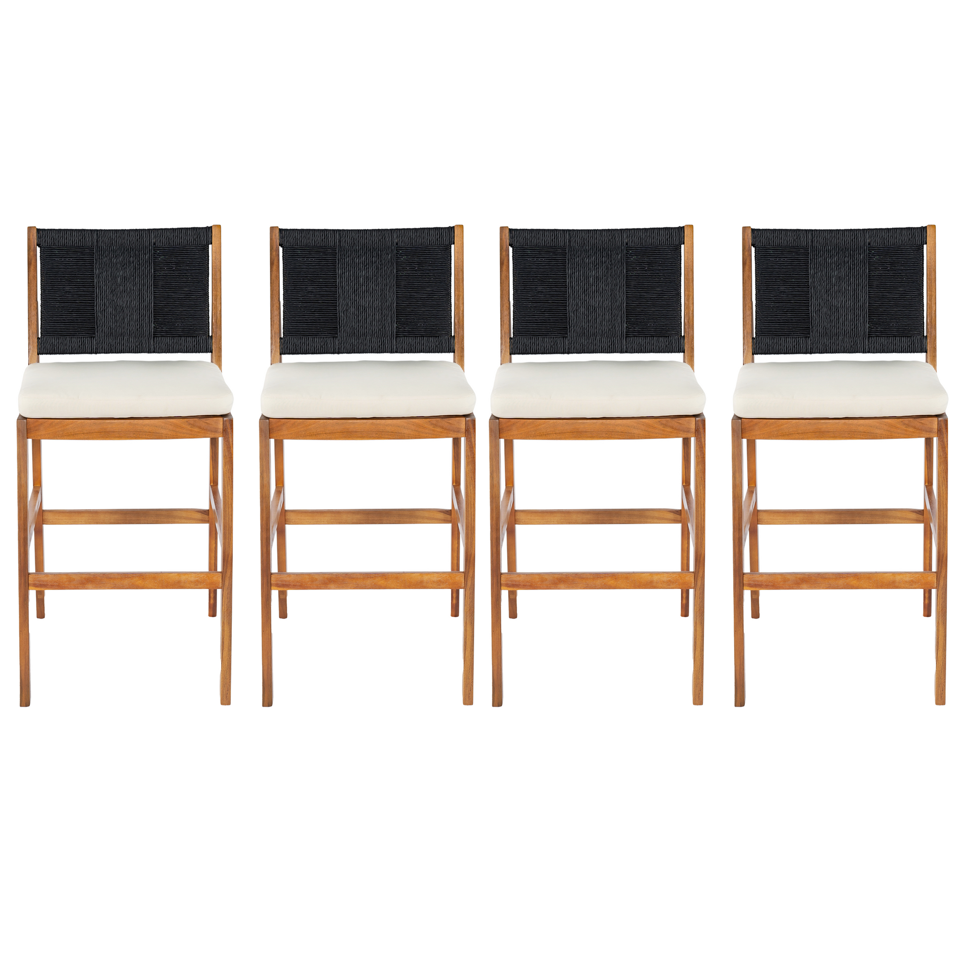 Arly black outdoor bar stools 4-piece with acacia frames and woven wicker backs white cushions on Tampa Home & Garden Store