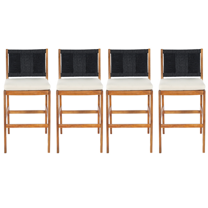 Arly black outdoor bar stools 4-piece with acacia frames and woven wicker backs white cushions on Tampa Home & Garden Store