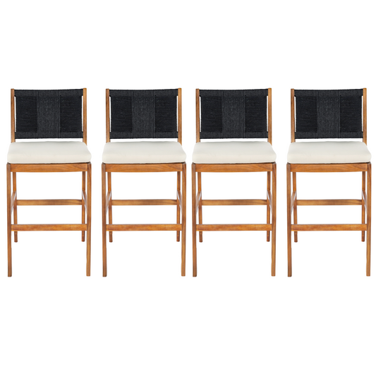 Arly black outdoor bar stools 4-piece with acacia frames and woven wicker backs white cushions on Tampa Home & Garden Store