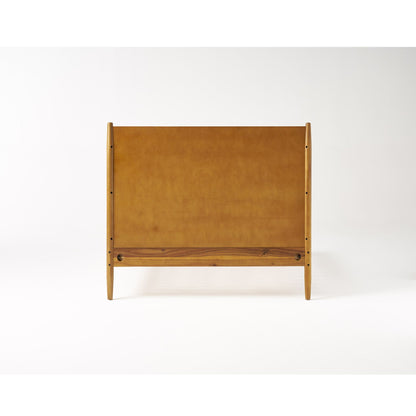 Mid-century wood platform bed frame in light brown finish with tall headboard posts HouseOfZazla on Tampa Home & Garden Store