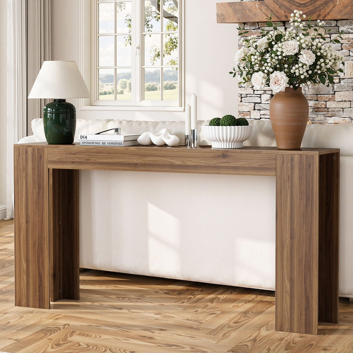 Farmhouse style extra long walnut console table with slim profile and dark brown finish on Tampa Home & Garden Store