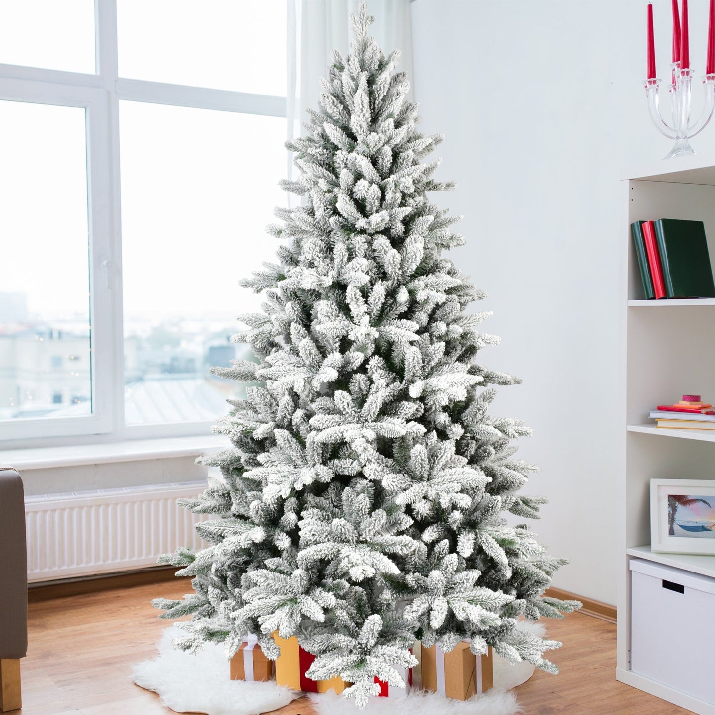 7ft flocked Christmas tree with 1514 tips, HouseOfZazla brand, indoor display on Tampa Home & Garden Store