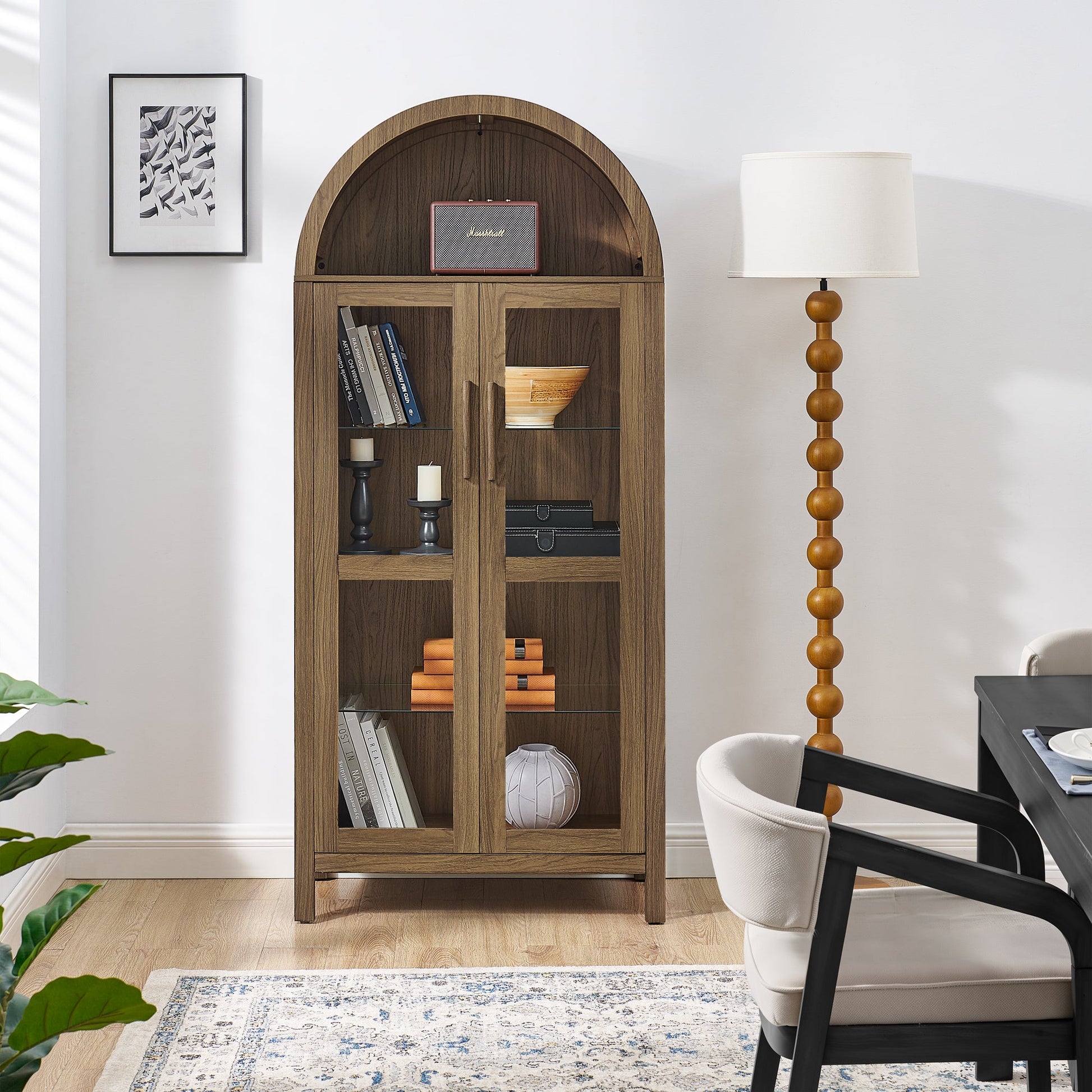 High Arched Storage Cabinet with Lamp by HouseOfZazla, walnut wood finish with glass doors on Tampa Home & Garden Store