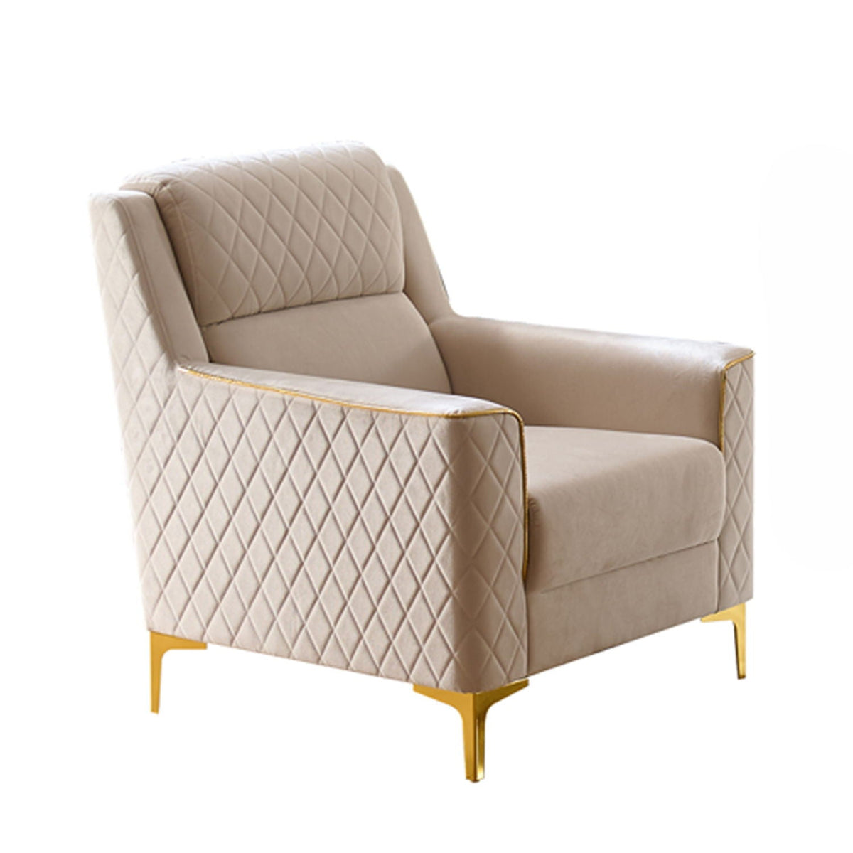 Beige upholstered armchair with quilted diamond pattern and gold-tone legs by HouseOfZazla on Tampa Home & Garden Store