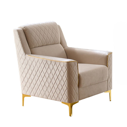 Beige upholstered armchair with quilted diamond pattern and gold-tone legs by HouseOfZazla on Tampa Home & Garden Store