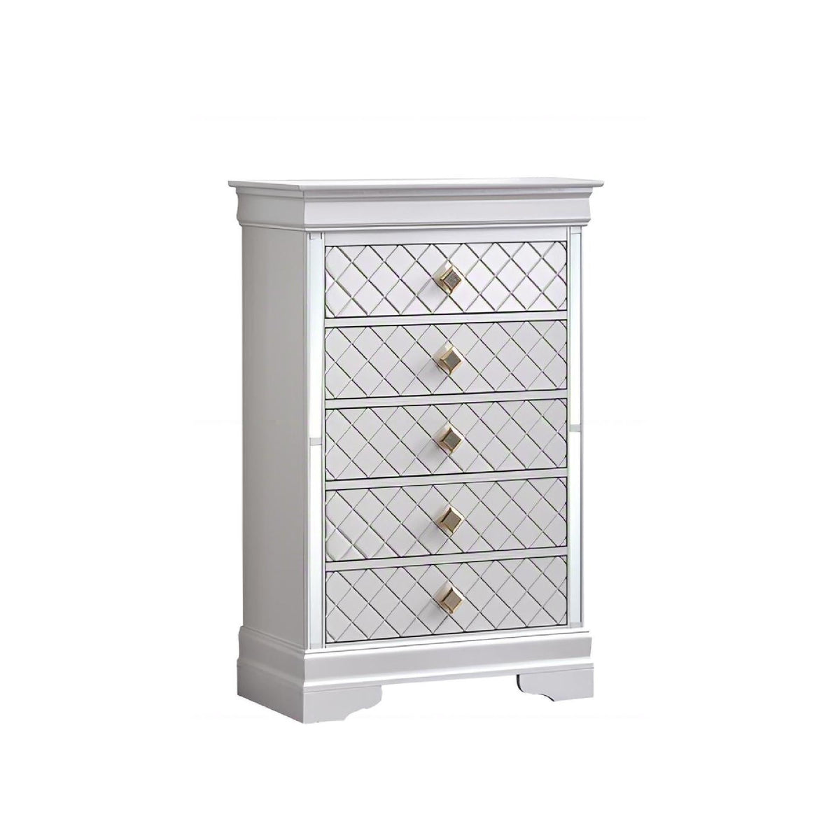 Embossed X Design Accent Chest with crystal pulls, pearl silver mirrored lattice fronts on Tampa Home & Garden Store