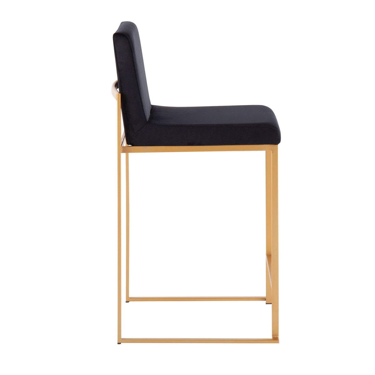 Contemporary high back counter stool with black upholstered seat and gold metal frame on Tampa Home & Garden Store