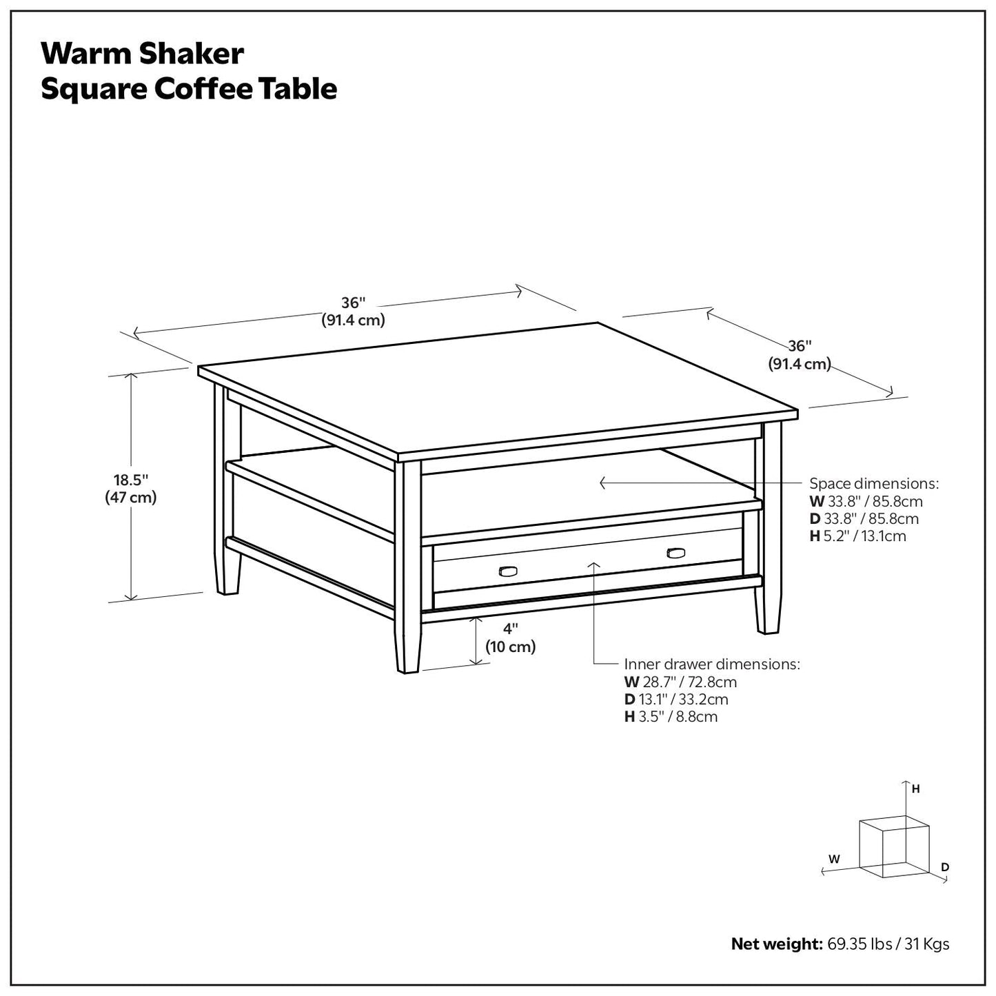 Warm Shaker Square Coffee Table by Unique Piece Furniture, line drawing on Tampa Home & Garden Store