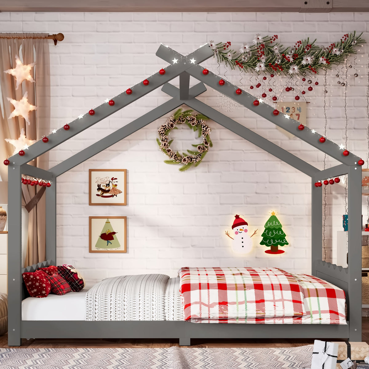 Full House Floor Bed with Support Slats gray bed frame with cross beams and holiday garland on Tampa Home & Garden Store