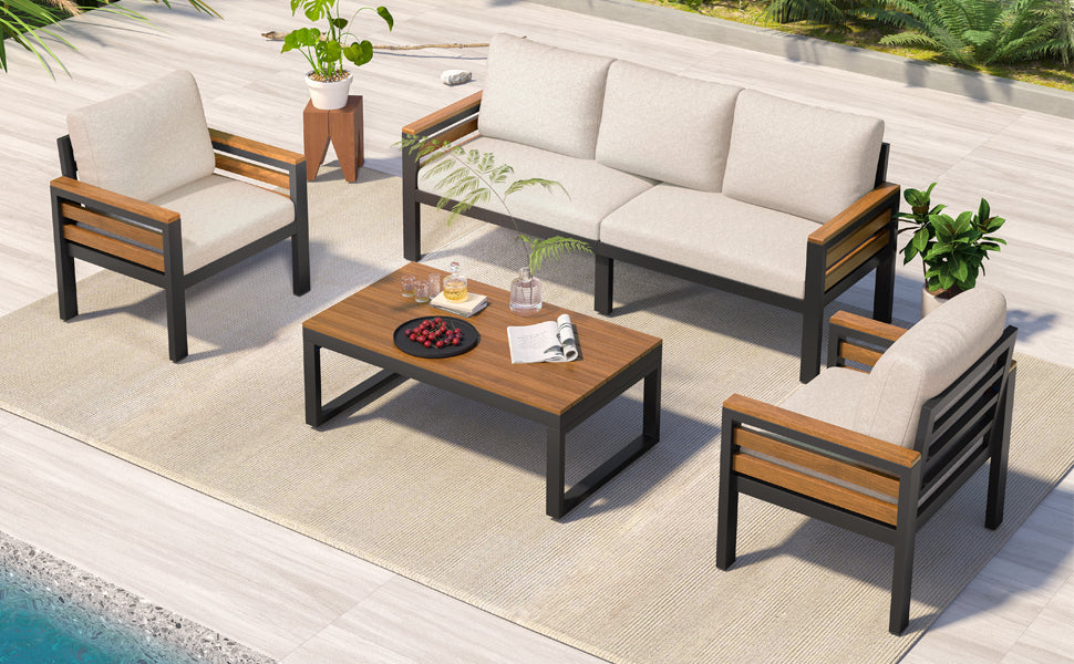 Go 4-Piece Outdoor Furniture Sofa Set with beige cushions and black metal frames on Tampa Home & Garden Store