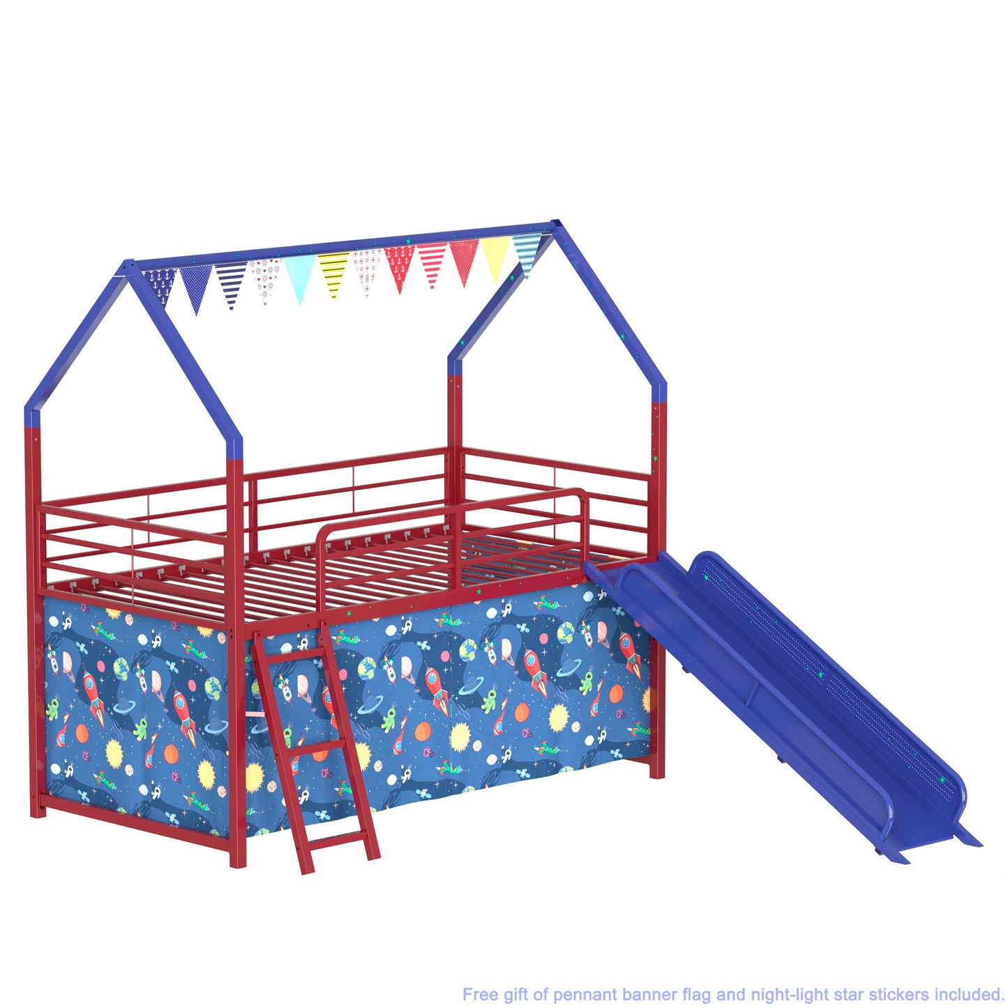 Jack House Loft Bed With Slide And Curtain Set by HouseOfZazla blue red frame with space curtains on Tampa Home & Garden Store