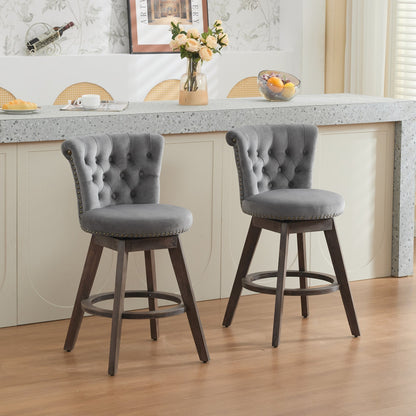 Counter height velvet gray tufted bar stools, set of 2 with dark wood legs on Tampa Home & Garden Store