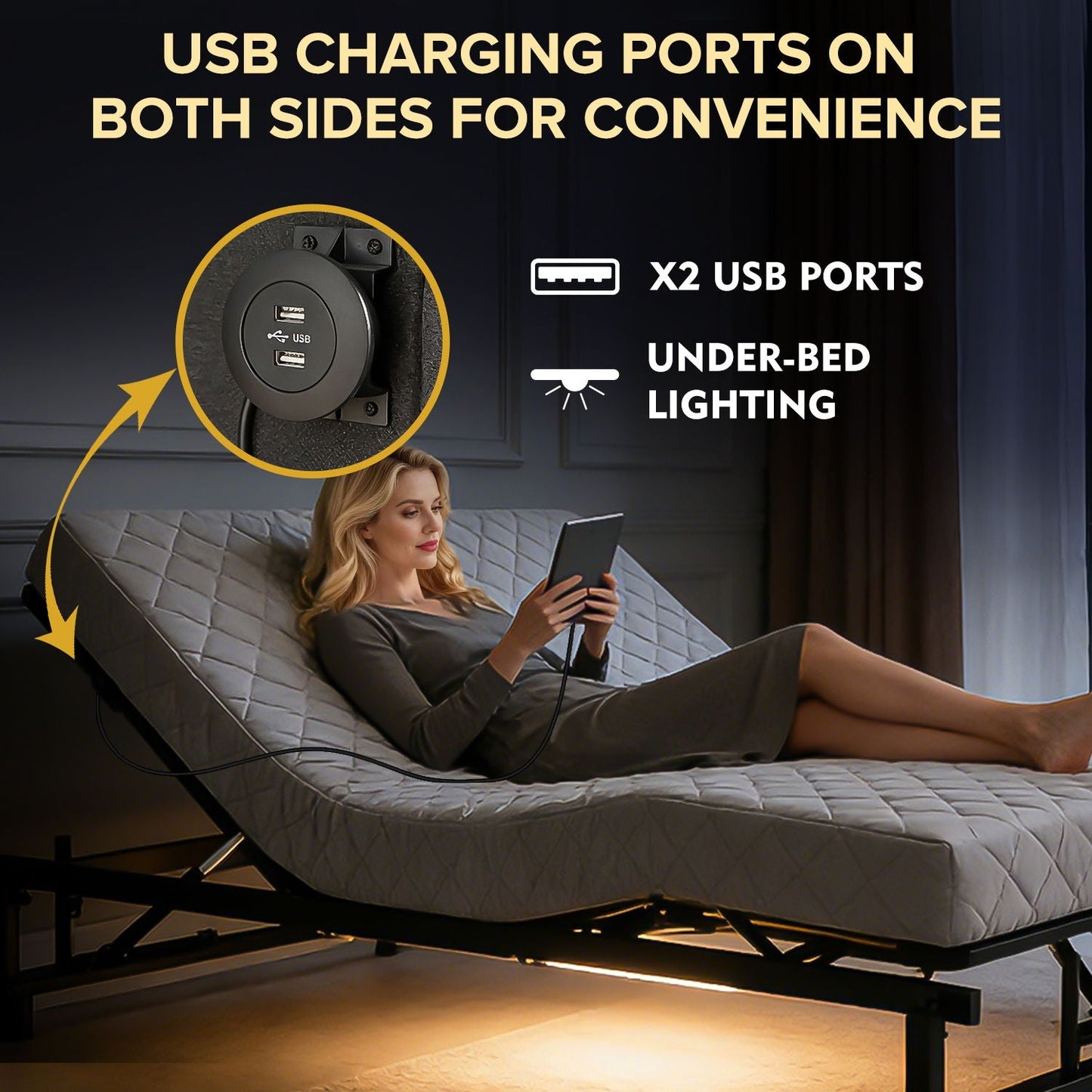 Adjustable bed base with wireless remote, two USB ports and under-bed lighting on Tampa Home & Garden Store