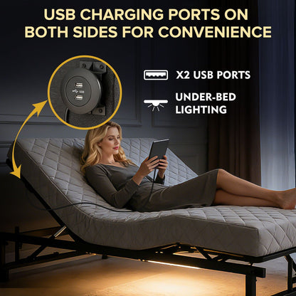 Adjustable bed base with wireless remote, two USB ports and under-bed lighting on Tampa Home & Garden Store