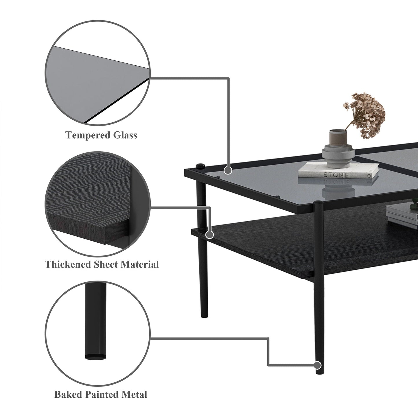 Rectangle Coffee Table with tempered glass top and black baked-painted metal frame on Tampa Home & Garden Store