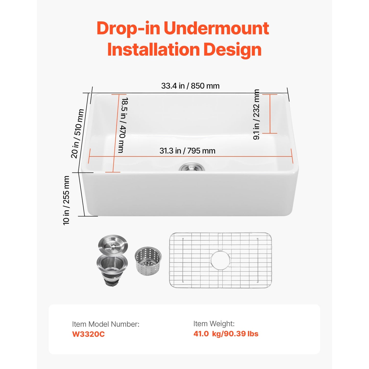 Single Bowl Undermount Kitchen Fireclay Sink