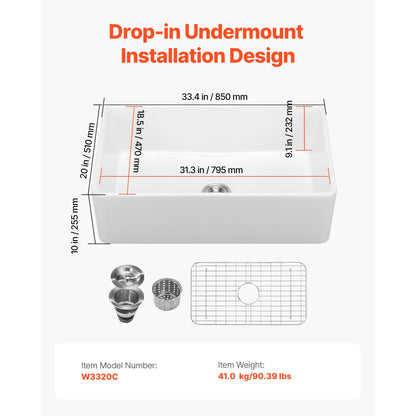 Single Bowl Undermount Kitchen Fireclay Sink