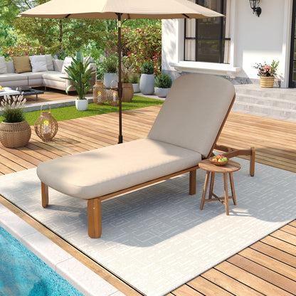 Outdoor chaise lounge with adjustable backrest, beige cushion, wooden frame sunlounger on Tampa Home & Garden Store