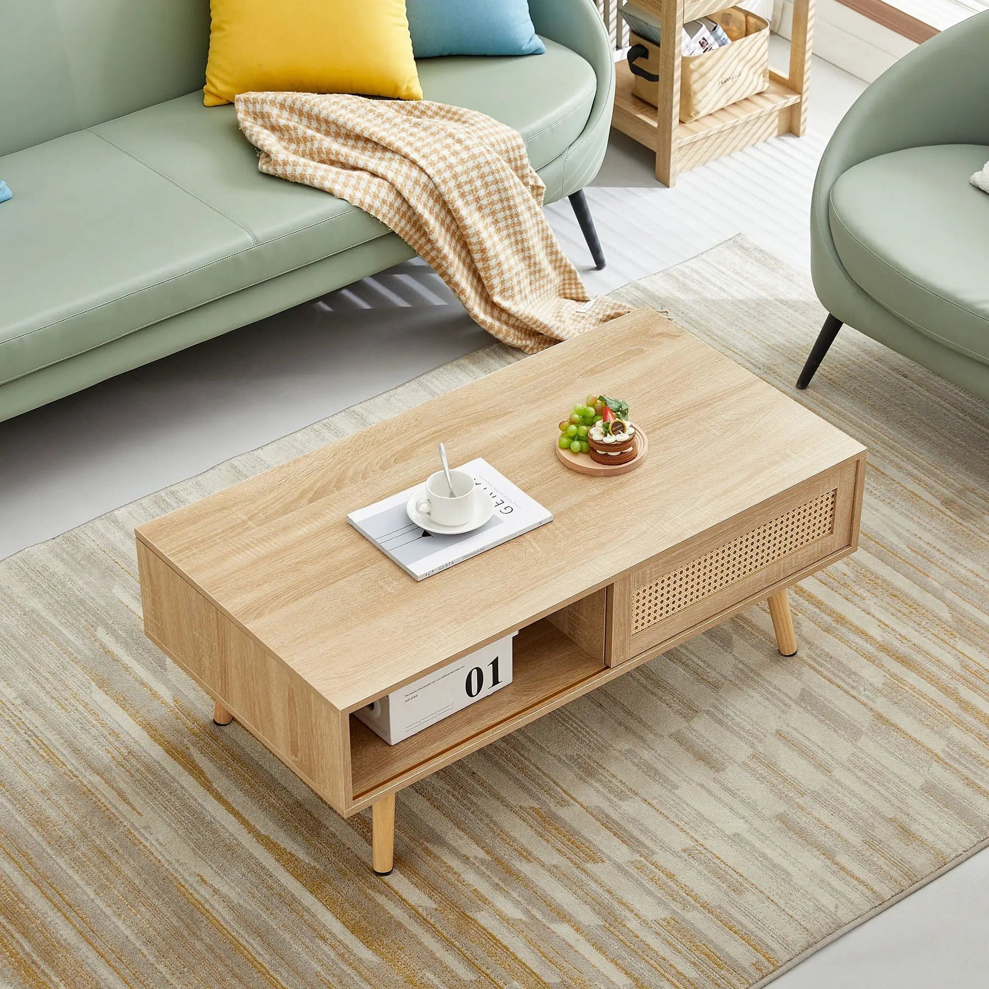 41.34 in Rattan Coffee Table with sliding storage, solid wood legs, modern living room staple on Tampa Home & Garden Store