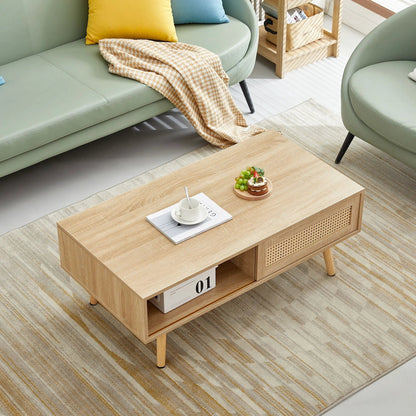 41.34 in Rattan Coffee Table with sliding storage, solid wood legs, modern living room staple on Tampa Home & Garden Store