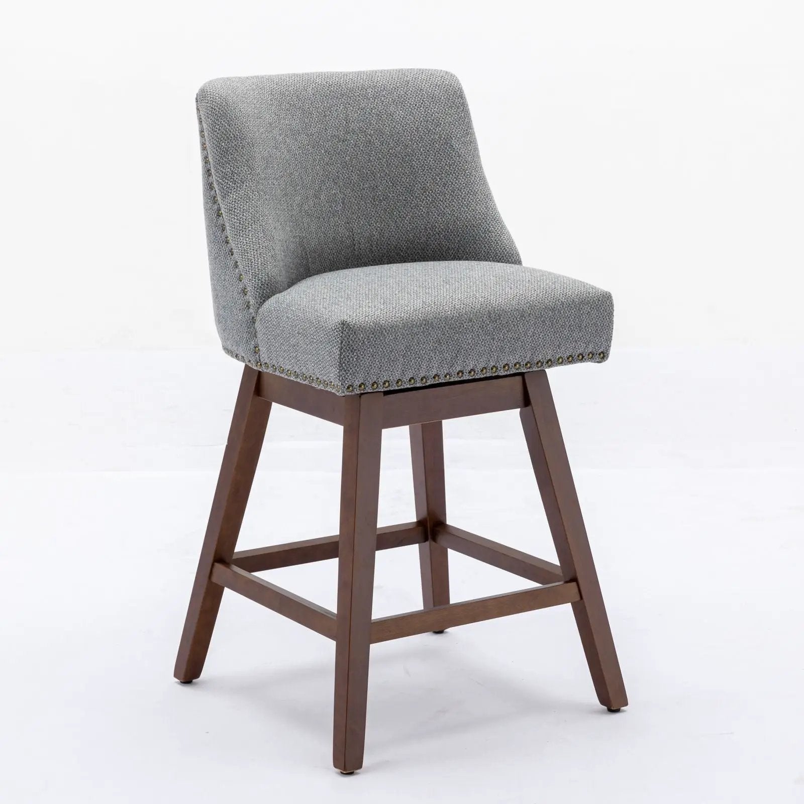 Counter height swivel stool 26 in seat, gray fabric with nailhead trim and wood legs on Tampa Home & Garden Store