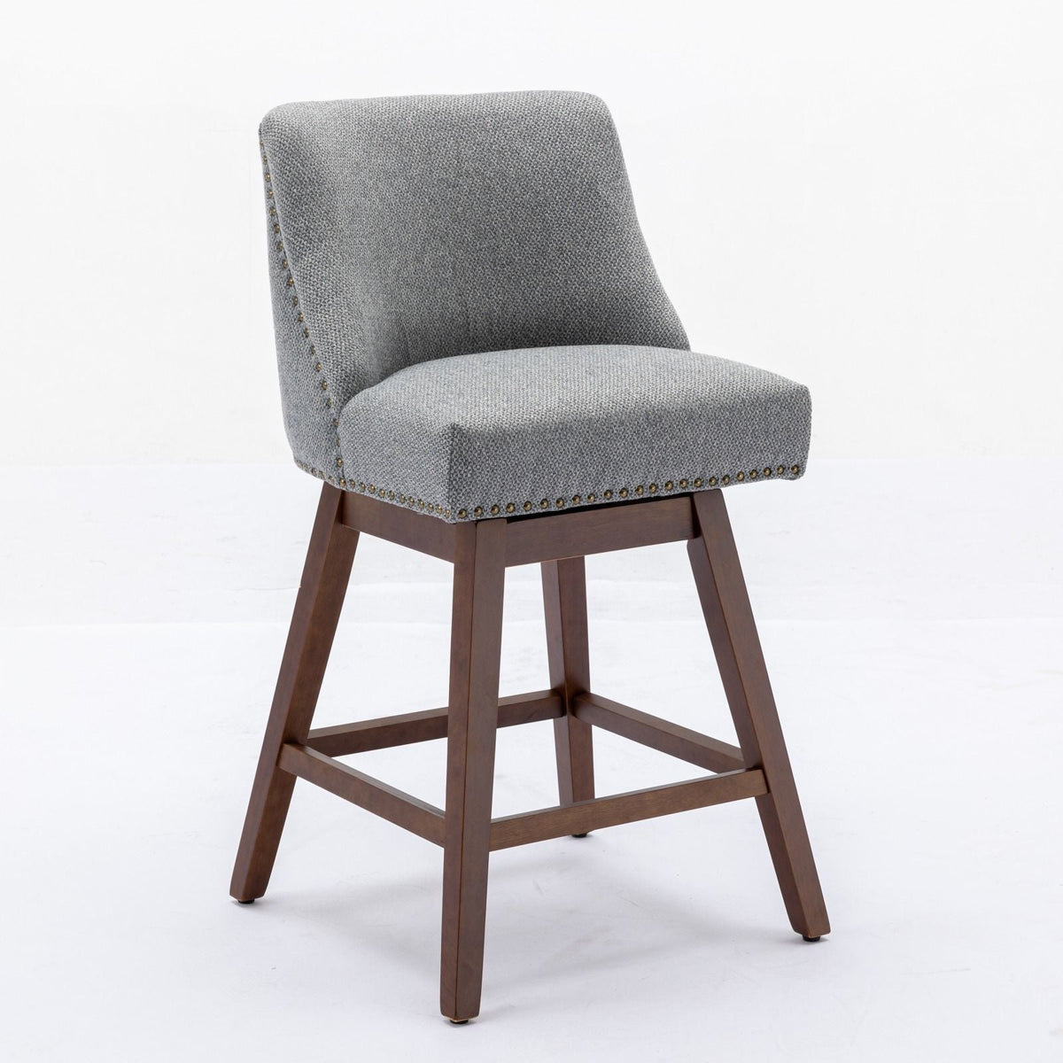 Counter-height swivel barstool gray fabric with nailhead trim and dark wood legs on Tampa Home & Garden Store