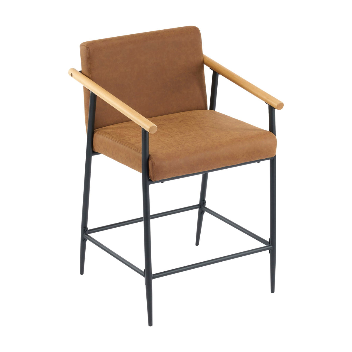 Mid Century Modern counter stools with iron frame, brown leatherette and wood armrests, 2-pack on Tampa Home & Garden Store
