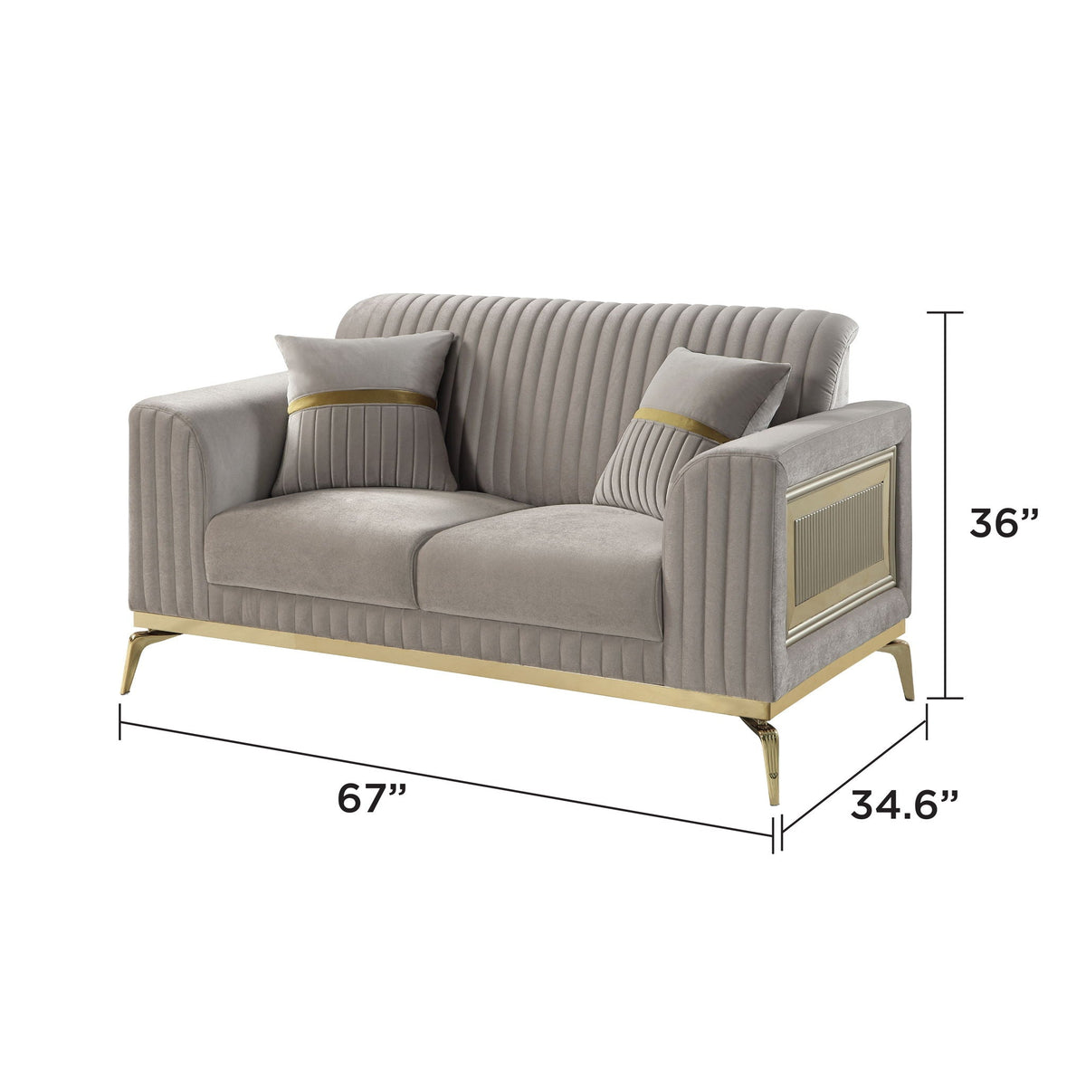Antigua 2 Piece Living Room Set with plush cushions, gray-beige upholstery and gold accents on Tampa Home & Garden Store