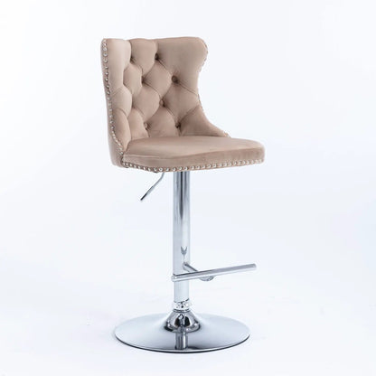 Beige tufted swivel barstool with adjustable height, chrome pedestal base and nailhead trim on Tampa Home & Garden Store