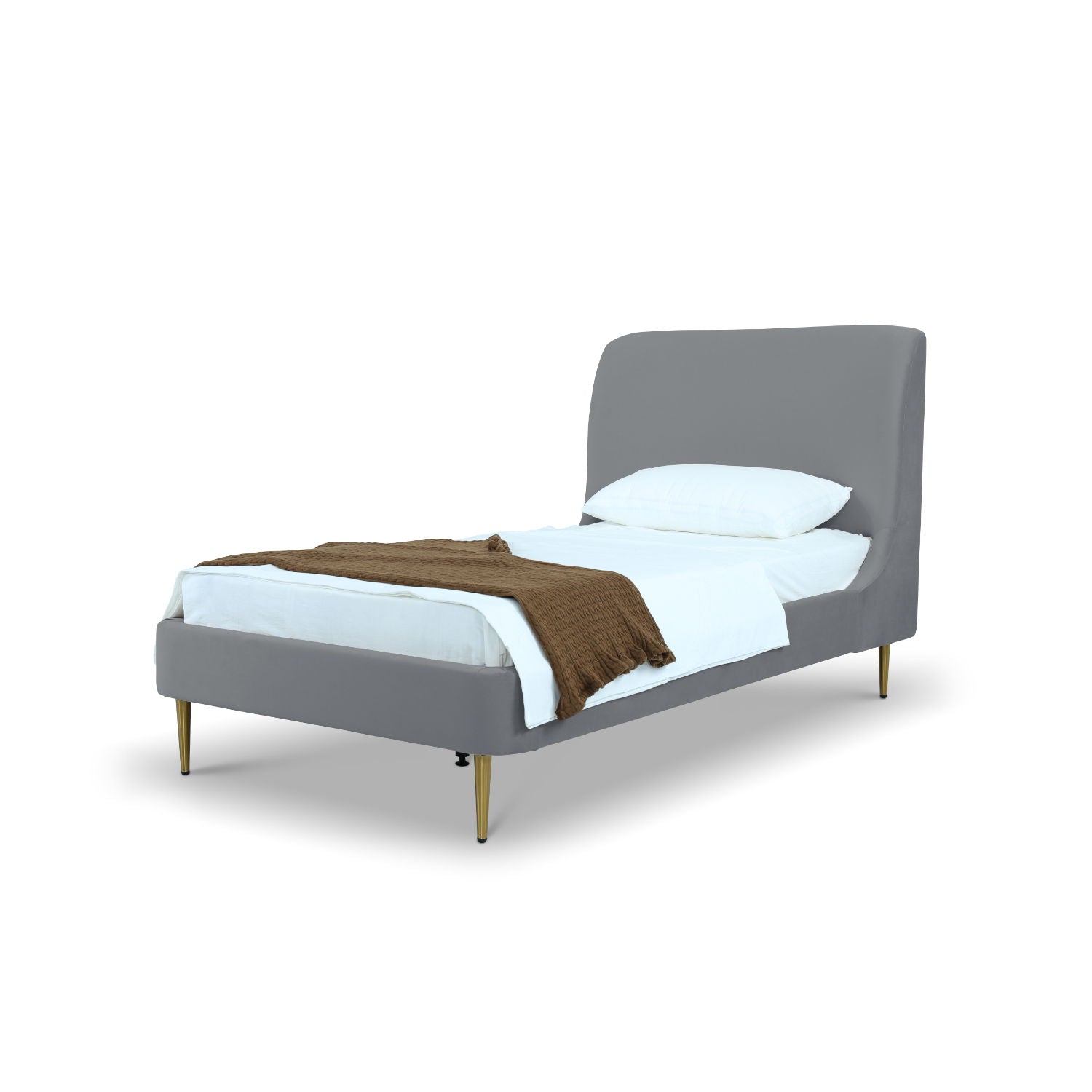 Upholstered bed with curved grey headboard, mid-century style, gold legs, HouseOfZazla on Tampa Home & Garden Store