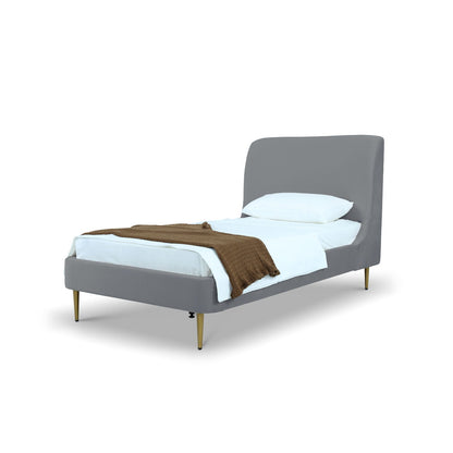 Upholstered bed with curved grey headboard, mid-century style, gold legs, HouseOfZazla on Tampa Home & Garden Store