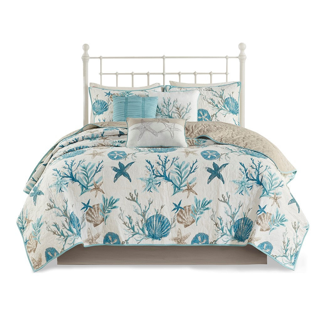 Aqua Cotton Sateen Quilt Set with Throw Pillows seafoam aqua seashell motif King/Cal King on Tampa Home & Garden Store