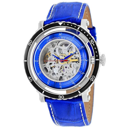 Christian Van Sant Men's Dome skeleton watch with blue leather strap and silver case on Tampa Home & Garden Store