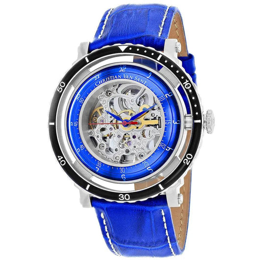 Christian Van Sant Men's Dome skeleton watch with blue leather strap and silver case on Tampa Home & Garden Store