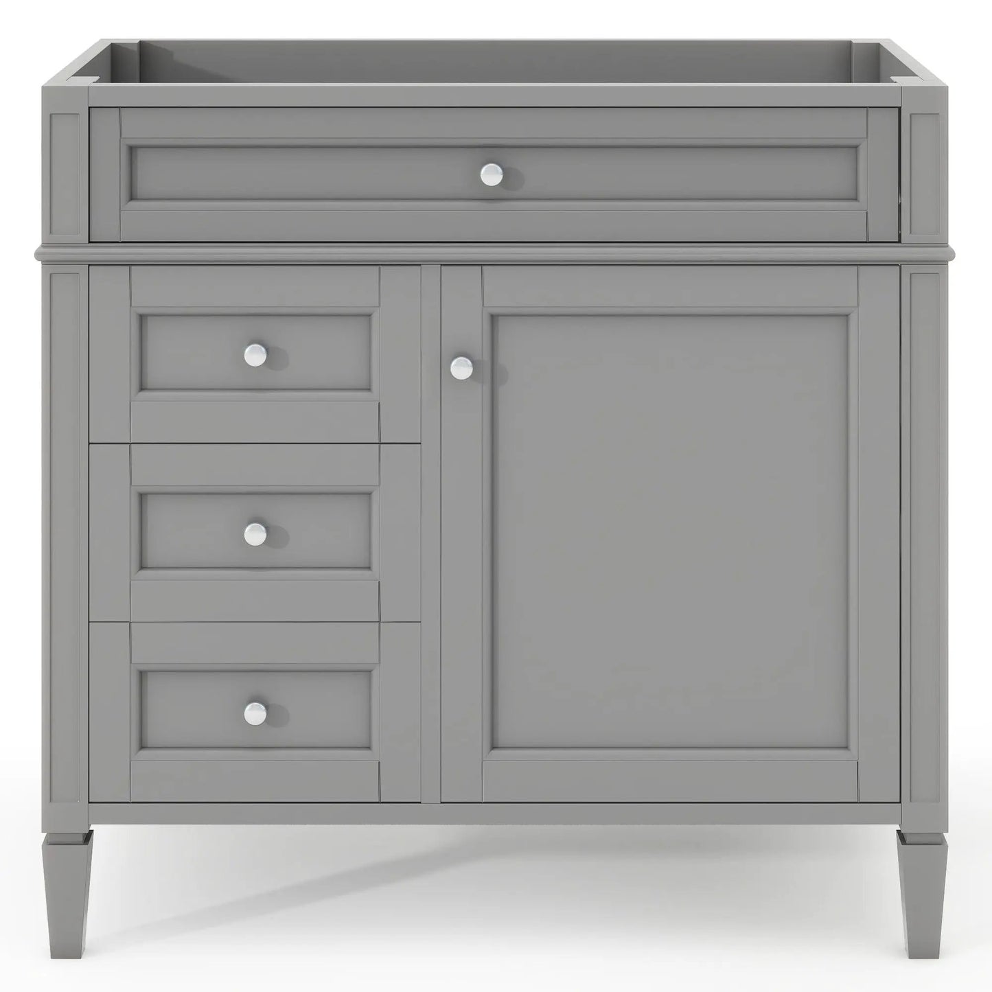 Gray bathroom vanity base with 2 drawers and tip-out drawer, chrome knobs, storage cabinet on Tampa Home & Garden Store