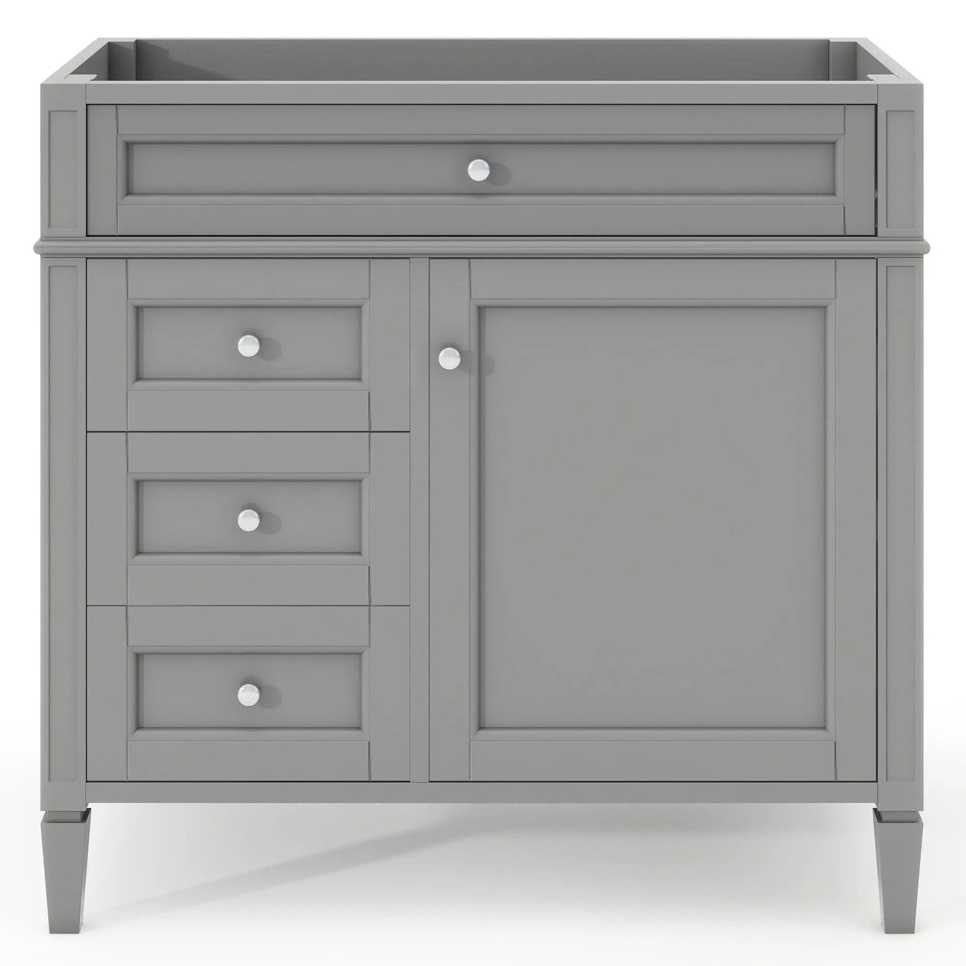 Gray bathroom vanity base with 2 drawers and tip-out drawer, chrome knobs, storage cabinet on Tampa Home & Garden Store