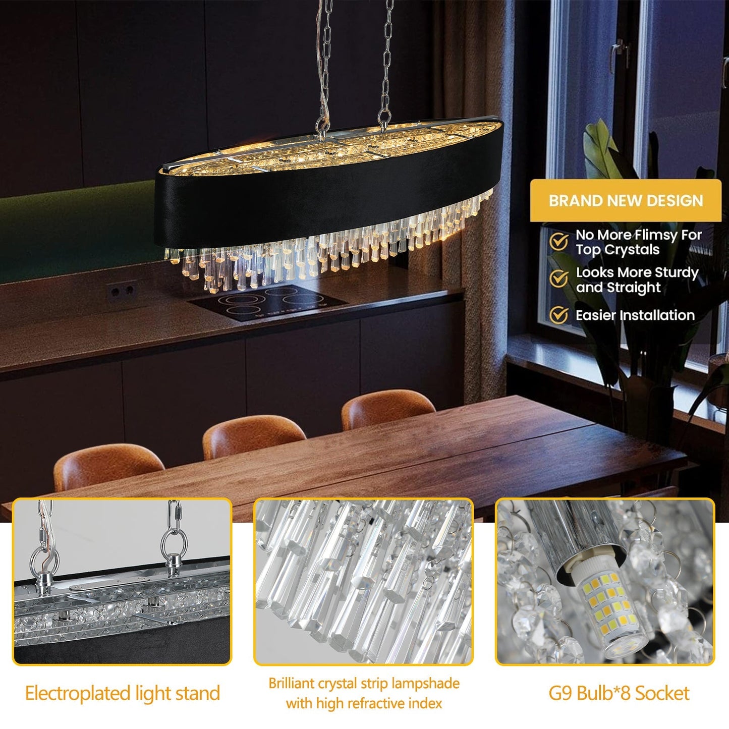 Chandelier 39' Modern Crystal Chandelier with Black Imitation Velvet Shade, crystal drop strands on Tampa Home & Garden Store