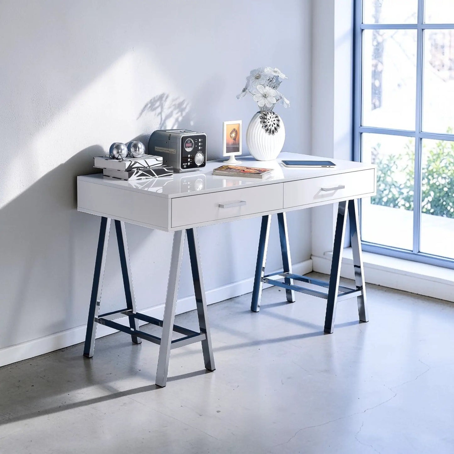 Coleen high gloss writing desk with USB, white surface and chrome legs, decorative vase on Tampa Home & Garden Store