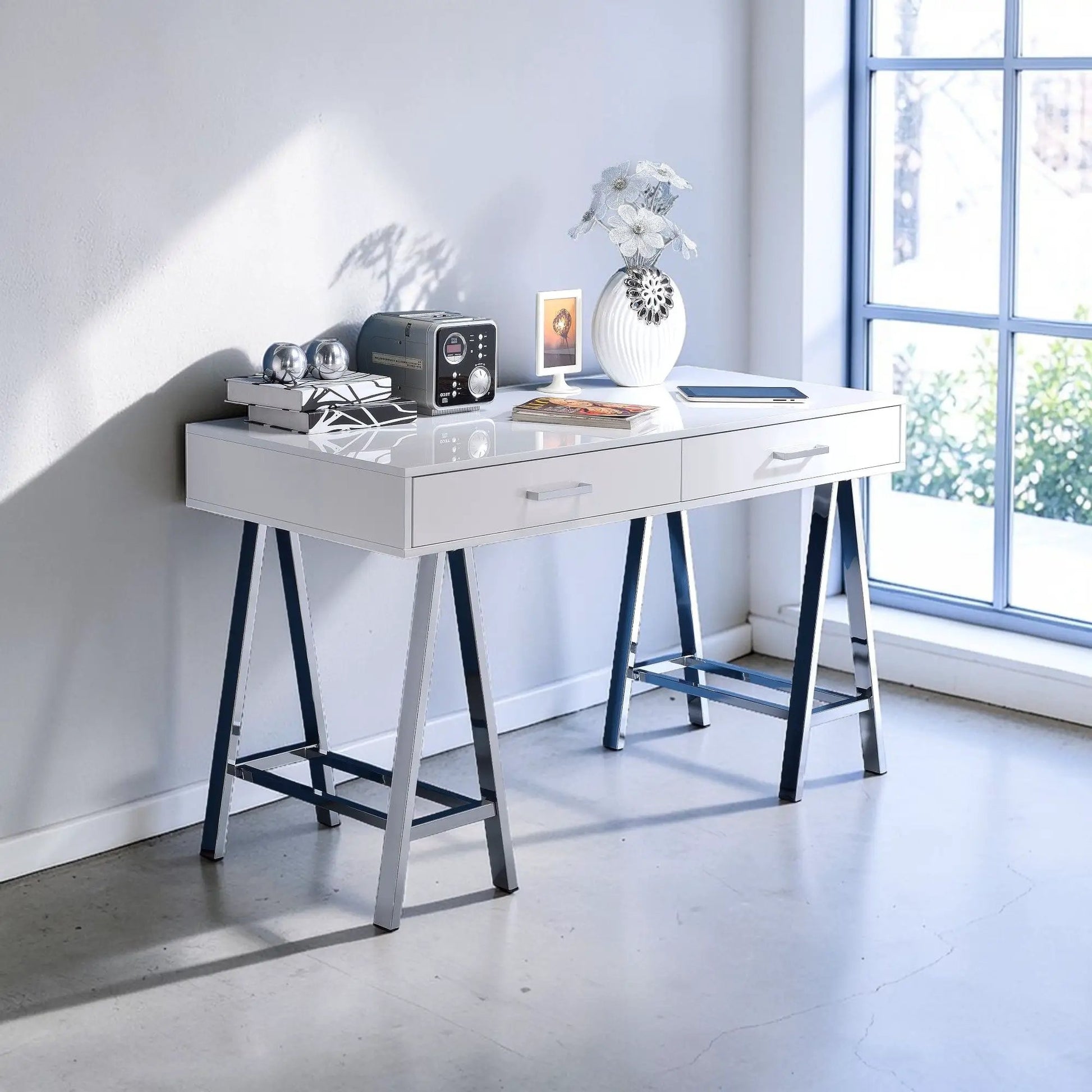 Coleen high gloss writing desk with USB, white surface and chrome legs, decorative vase on Tampa Home & Garden Store